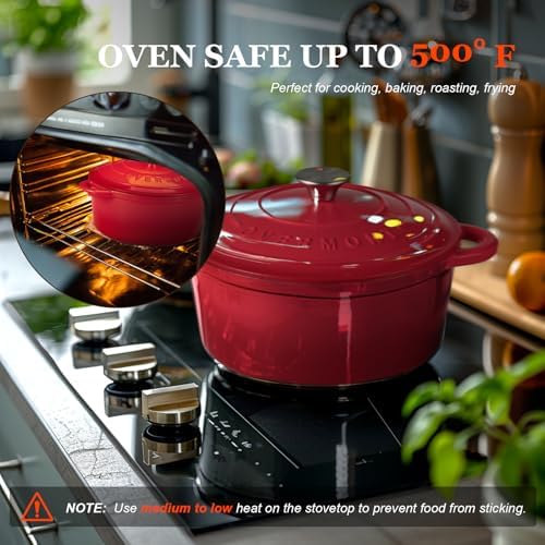 Overmont Enameled Cast Iron Dutch Oven - 7QT Pot with Lid Cookbook & Cotton Potholders - Heavy-Duty Cookware for Braising, Stews, Roasting, Sourdough Baking red - Image 5