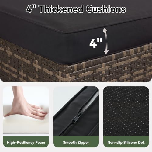 Aoxun 2 Piece Patio Sofa Ottomans with 4" Thick Cushions, Wicker Outdoor Couch Extension Set, All-Weather Rattan Seating Accessory for Backyard Furniture, Black - Image 3