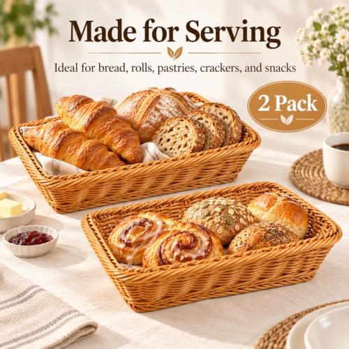 2 Pack Wicker Bread Baskets, 12 Inch Rectangular Serving Trays - Image 5