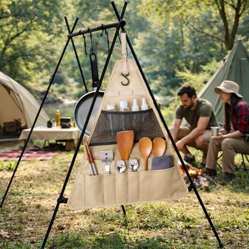 Camping Tableware Bag - Large Portable Outdoor Cutlery Organizer, Hanging Utensil Storage Pouch for BBQ, Hiking, Backpacking, Picnic, Kitchenware Accessories, Khaki Travel Cookware Kit (S) - Image 4