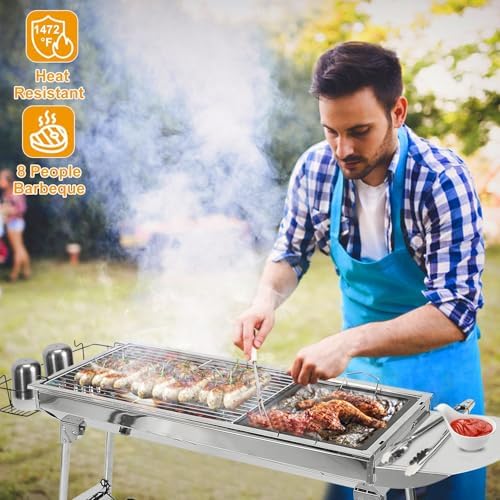 Portable Charcoal Grill, Large Stainless Steel Folding Grill with Side - Image 3