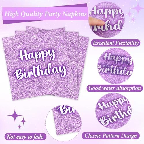 96PCS Purple Glitter Birthday Party Plates and Napkins Purple K-pop Tableware Party Paper Plates Glitter Disposable Dinnerware Parties Set for Girls Women Birthday Sprinkle Anniversary Decorations - Image 4