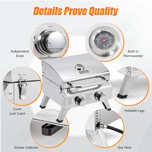 ROVSUN 2 Burner Portable Gas Grill, 20000 BTU Outdoor Tabletop Propane Grill with Ignition, Built-in Thermometer & Full Stainless Steel Body for Patio Garden Backyard Camping BBQ Picnic - Image 3