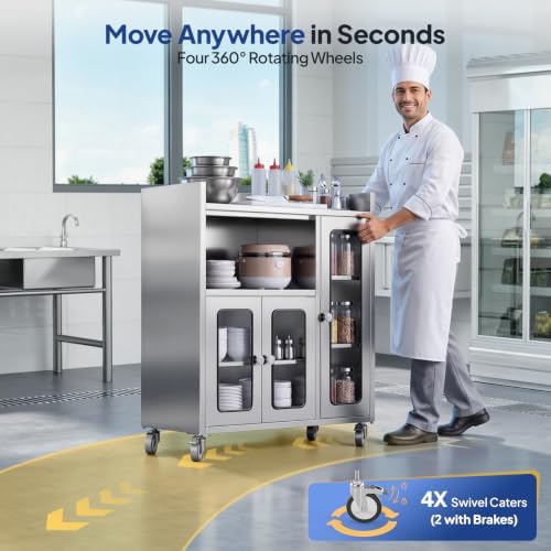 ROVSUN Stainless Steel Table with Cabinet & Wheels, 35.4" x 15.7" Commercial Kitchen Storage Cabinet for Pre Work with Glass Door, Large Storage Space for Kitchen Restaurant Garage Outdoor - Image 5