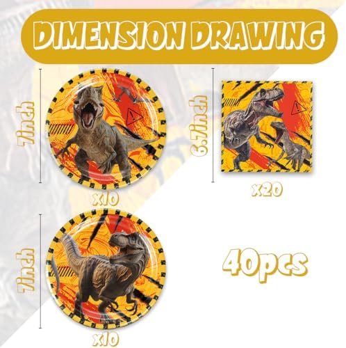 40Pcs Dinosaur Birthday Party Decorations Dino World Dinosaur Plates and Napkins for Boys Dinosaur Birthday Baby Shower Birthday, Suitable for 20 Guests - Image 2
