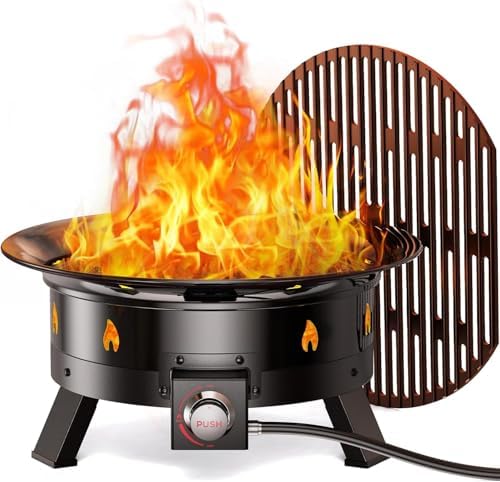 Ciays 21 Inch Propane Fire Pit with Grill Grate, Folding Legs, 58,000 BTU, Black, Metal, Round, Compatible with Propane by Ciays