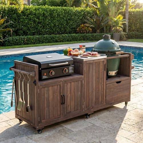 Outdoor Kitchen Island for Big Green Egg Grills, Grill Cart Table with Stainless Steel Top and Blackstone Griddle, Kitchen Storage Table with Cabinets and Drawer for 21"/28" Blackstone Griddle, Brown - Image 3