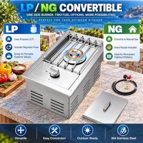 Single Grilling Side Burner for BBQ Grill Island, 15,000 BTU,Liquid Propane Side Burner for Outdoor Kitchen, Convertible to Natural Gas, 304 Stainless Steel - Image 7