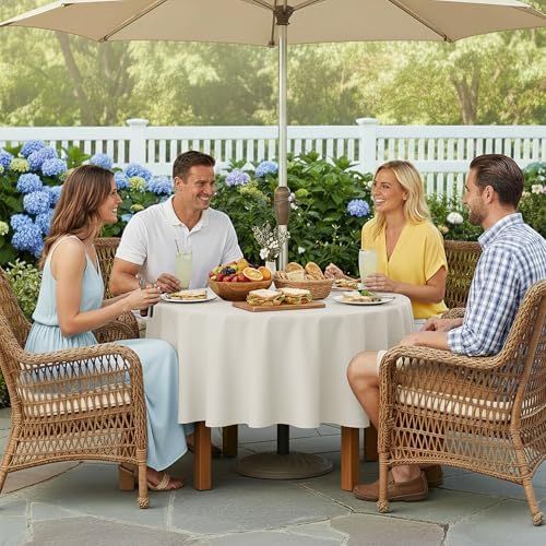 LUSHVIDA Round Outdoor Tablecloth with Umbrella Hole 60 Inch Beige - Image 3