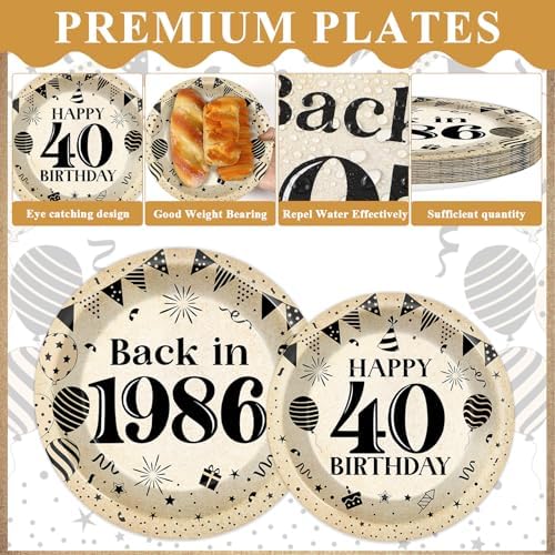 96Pcs 40th Birthday Party Paper Plates and Napkins for Back in 1986 Themed Party Supplies Vintage 40 Year Old Dessert Plates 40th Tableware for Men Women Birthday Gatherings Decorations - Image 3