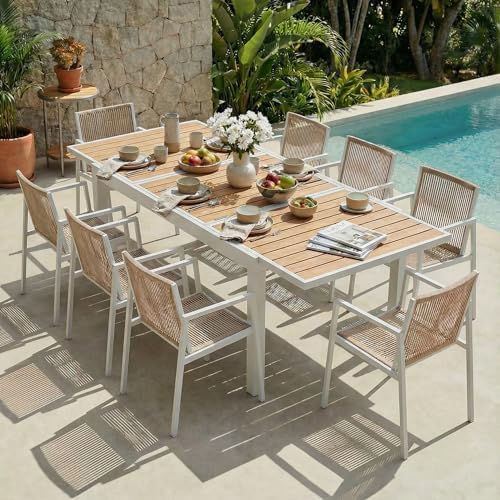 ZANDOR Expandable Outdoor Dining Set for 4-6-8,Patio Table and Chairs Set with Wood Top for Garden,Backyard,Porch,55"-82.7" Extendable Aluminum Outdoor Table Set with 8 Chairs,White by ZANDOR%7CGoodtimesstartoutside