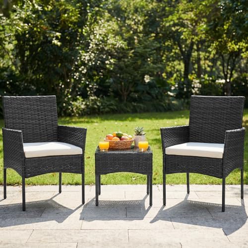 DUMOS Patio Furniture Set 3-Piece, Outdoor Wicker Bistro Set, Black - Image 3