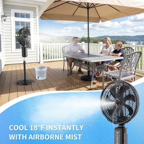 ATEngeus Outdoor Misting Fan 20000mAh Up to 21H Running Time, 12-Inch outdoor Oscillating Fan for Patios, 2 In 1 Pedestal & Tabletop Cooling Fan with Mister, Corded & Cordless, 7 Speeds, Remote, Timer - Image 2
