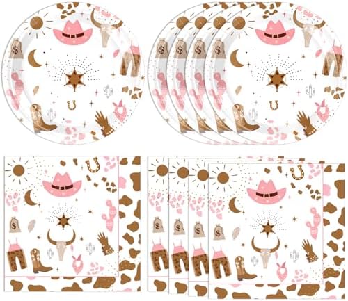 40 Pcs Western Cowgirl Birthday Party Decorations Disposable Pink Cowgirl Rodeo Tableware Set Includes Cowgirl Plates and Napkins for Kids Baby Shower Fire Camping West Party by DURYGEN