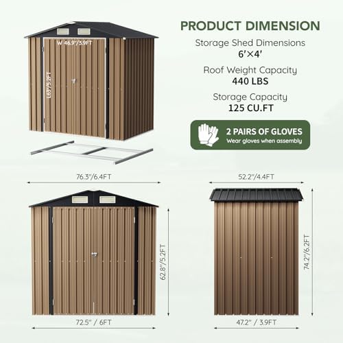 4 x 6 FT Storage Shed with Floor Frame for Backyard, Brown - Image 2