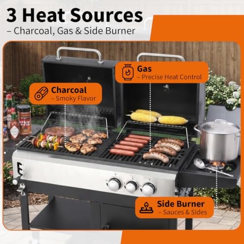 Propane Gas and Charcoal Combo Grill with Side Burner - Image 3