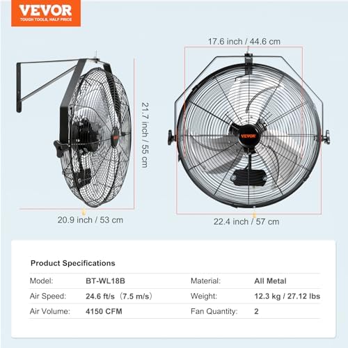 VEVOR 18 Inch Wall Mount Fan, Waterproof, 3-Speed, 4000 CFM, 2 Pack - Image 7