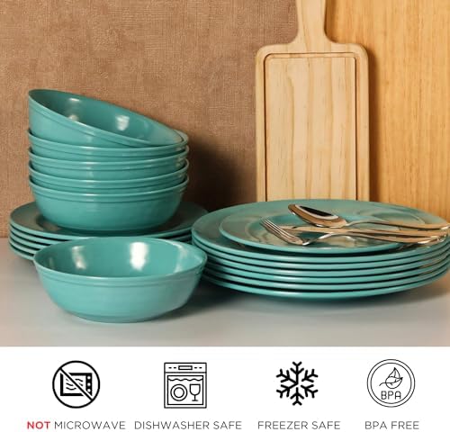 TP 18-Piece Dinnerware Set, Melamine Dishes Set with Bowls and Plates, Service for 6, Non-breakable Lightweight Dining Tableware, Teal - Image 4