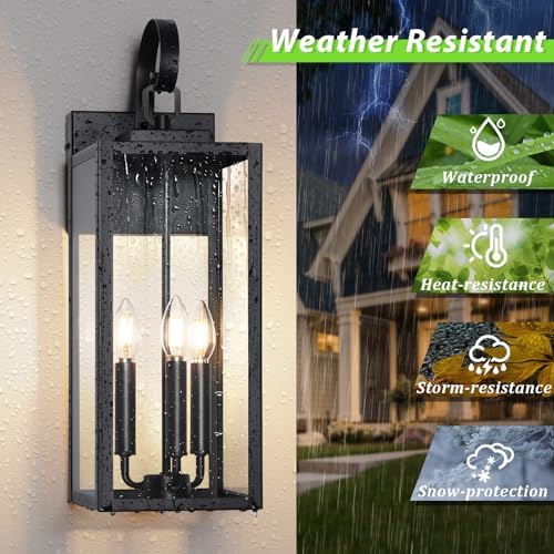 BesLowe 23" Large Outdoor Wall Light, 3-Light Black Exterior Sconce - Image 2