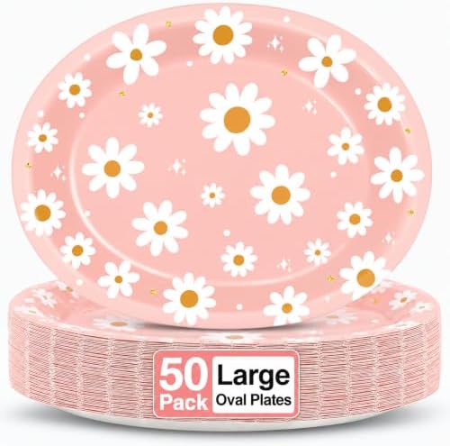 Qyeahkj 50 PCS Pink Daisy Oval Paper Plates Spring Large 11” One Two Groovy Party Decorations Floral Supplies Favor for Summer Flower Wedding Birthday Party Disposable Tableware Set by Qyeahkj