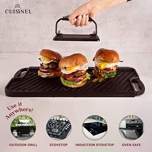 Cuisinel Cast Iron Griddle/Grill + Burger Press + Pan Scrapers - Reversible Pre-Seasoned 20" X 10" Dual Handle Flat Skillet + Griller Pan + Cleaning Accessories - Use Indoor/Outdoor Stove Burner, Gas - Image 2