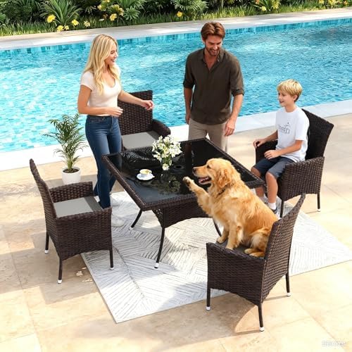 Gotland 5 Piece Outdoor Dining Set, All-Weather Rattan Patio Furniture Set with Umbrella Hole Tempered Glass Square Table, Outdoor Table and Chairs with Removable Cushions for Backyard, Deck, Grey - Image 3
