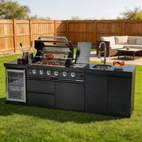 98-Inch Modular Propane Gas Outdoor Kitchen Island, All-in-One Patio BBQ Grill with Refrigerator, Sink & Storage for Backyard Lawn, Black by Dvasovio