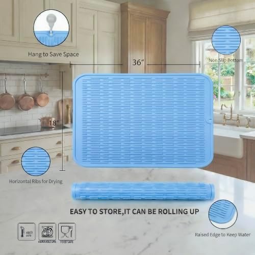 MicoYang Silicone Dish Drying Mat for Multiple Usage,Easy clean,Eco-friendly,Heat-resistant Silicone Mat for Kitchen Counter or Sink,Refrigerator or Drawer Liner Light Blue 5XL 36inches x 18inches - Image 2