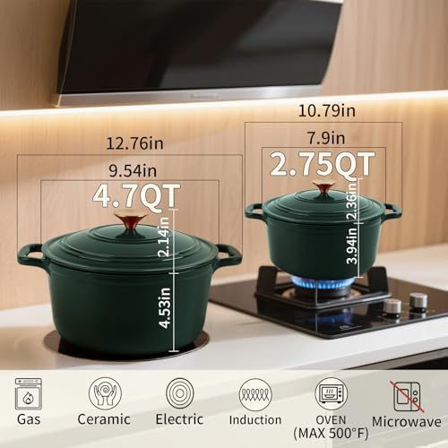 Enamel Cast Iron Dutch Oven with Lid, Round Casserole Pot for Bread Baking, Braising, Roasting, and Stews, Heavy-Duty, Oven Safe, Induction Compatible (4.7QT,Green) - Image 3