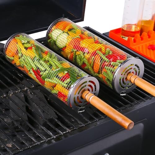 Rolling Grill Baskets (2PCS), Removable Wooden Handle, 304 Stainless Steel, Nesting Grilling Net, BBQ Accessories Tools for Vegetable Shrimp, Outdoor Cooking Camping, Birthday Gifts for Men/Dad/Husband (Mesh BBQ Cylinder Set (2 Pcs)) - Image 3