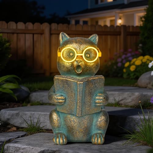 Solar Reading Cat Decor with Light-Up Glasses Patina Garden Statues - Image 3