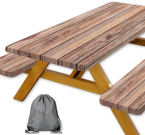 Picnic Table Cover with Bench Covers Camping Essentials Farmhouse Outdoor Table Covers Wood Grain Waterproof Windproof Fitted Tablecloth Cover with Elastic Edge for Indoor & Outdoor 3 PCS 30x96 Inch by Xguatan
