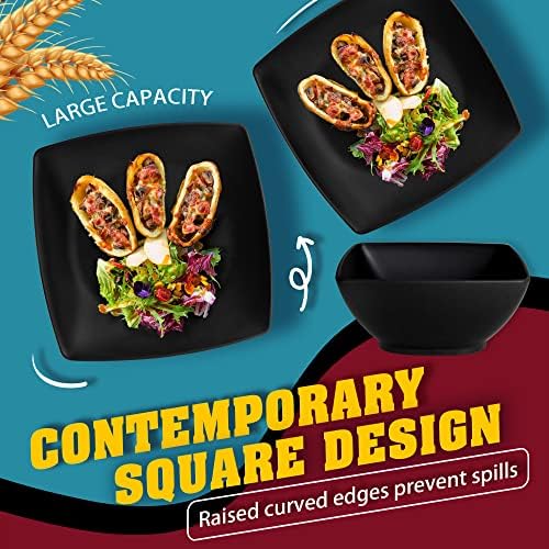 Teivio 16-piece Plastic Wheat Straw Square Dinnerware Set for 4, Unbreakable Dinner Plates, Salad Plates, Snack Bowls, Mugs, Dishwasher Safe, Black - Image 4