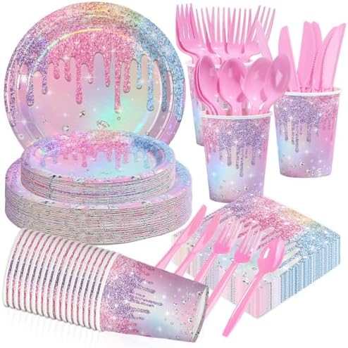 168Pcs Iridescent Birthday Party Decorations for Girls Bridal, Serve 24 by Greencian