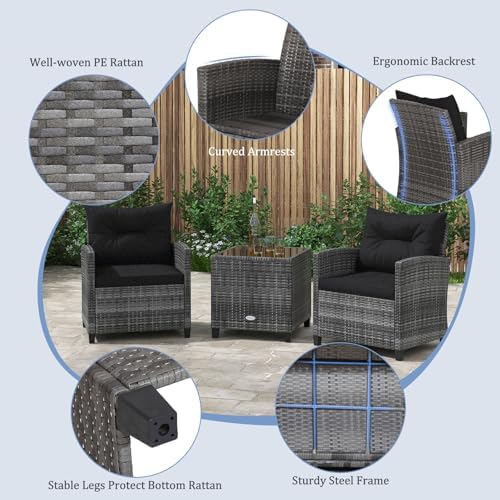 KOTEK 3 Piece Patio Furniture Set, Outdoor PE Rattan Conversation Set with Washable Cushions & Tempered Glass Tabletop, Wicker Chairs and Table Set for Porch, Garden, Balcony (Black) - Image 3