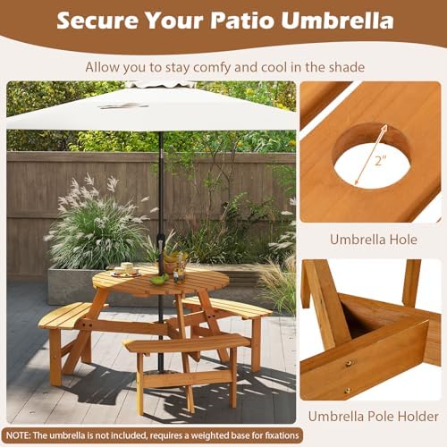 Giantex 6-Person Round Picnic Table Set with 3 Benches, 550 LBS Bench Capacity, 2" Umbrella Hole, Circular Outdoor Wood Dining Table & Chairs for Patio Yard Garden Porch Deck (68”x62”x28”,Yellow) - Image 5