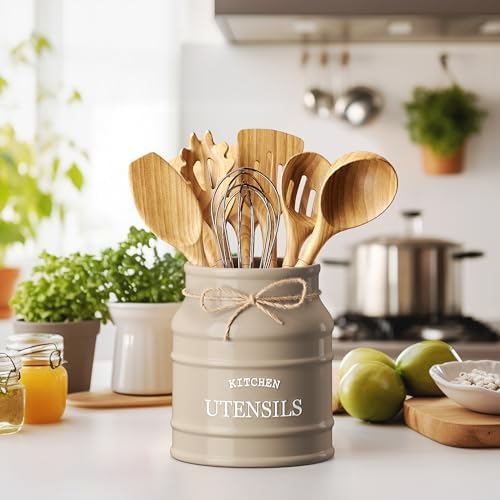 Barnyard Designs Ceramic Kitchen Utensil Holder Countertop 6.75″ (Taupe) - Image 2