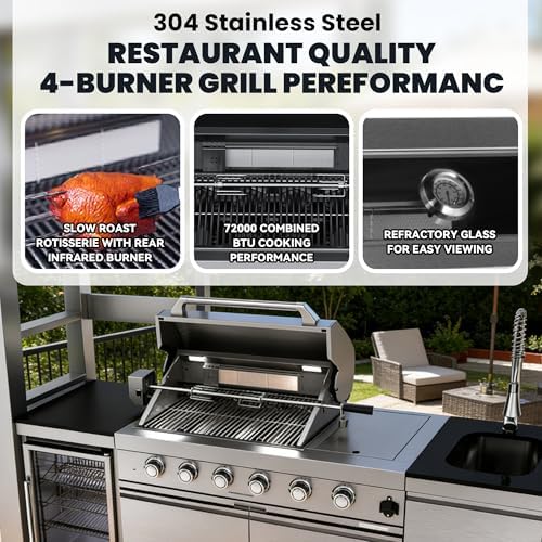 110-Inch 4-Burner 72000 BTU Propane Gas Grill Island with Shed, 304 Stainless Steel Silver, Outdoor Kitchen with Wine Cooler, Rotisserie, Granite Countertops & Sink for Backyard BBQ, Silver - Image 4