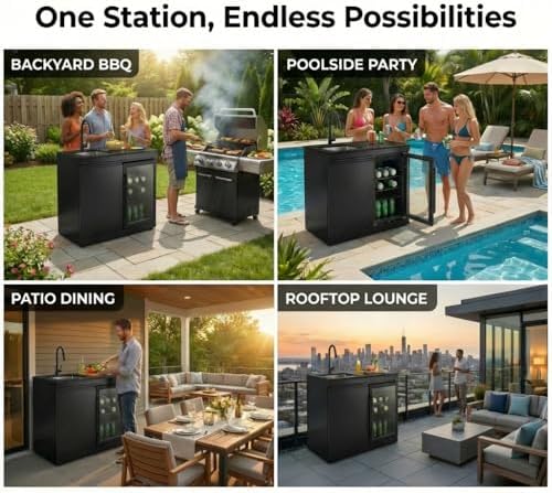 Sink and Fridge Combo for Outdoor Kitchen, 70L Refrigerator and Sink with Pull-Down Faucet, Brushed SS and Black Granite Countertops, All-in-One BBQ Island Cleaning Station (Black) - Image 3