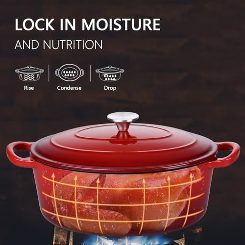Leonyo 7-Quart Enameled Cast Iron Oval Dutch Oven Pot with Lid, Red - Image 4
