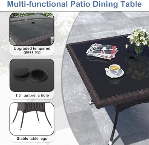 ALAULM 10 Piece Patio Dining Set All-Weather Wicker Outdoor Dining Table and Chairs w/Tempered Glass Tabletop, Removable Cushions and Umbrella Hole for Patio, Backyard, Garden, Poolside (Red) - Image 4
