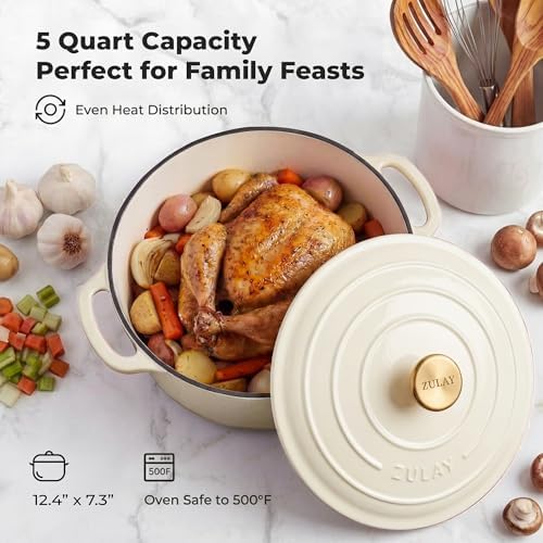 Zulay Kitchen 5 Quart Enameled Cast Iron Dutch Oven Pot with Lid – Premium Durability & Oven Safe up to 500°F – Heavy Duty Cookware Perfect for Bread Baking, Stews, Braising & Roasting – Ivory - Image 6