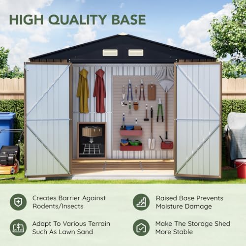 Upgrade 10x12 FT Outdoor Metal Storage Shed with Floor Frame, Double Swing Doors, 2 Clear Windows, Replaceable Skylight Roof Panel, Tool Shed for Garden, Patio, Backyard Brown - Image 3