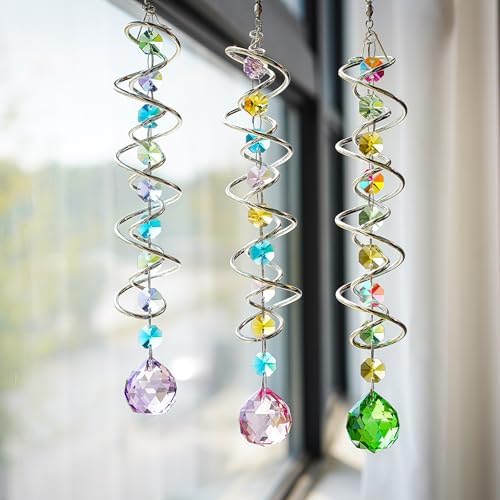 Set of 3 Crystal Suncatcher Spiral Wind Spinner Gazing Ball Decor - Image 2