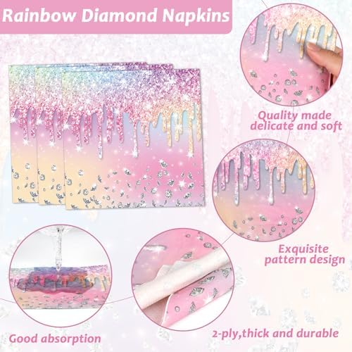 Naozinebi Iridescent Diamond Birthday Party Plates Napkin Fork Glitter Diamond Tableware Set Happy Birthday Dinnerware Colorful Supply for Girls Women Baby Shower Wedding Parties Decoration Serve 24 - Image 4