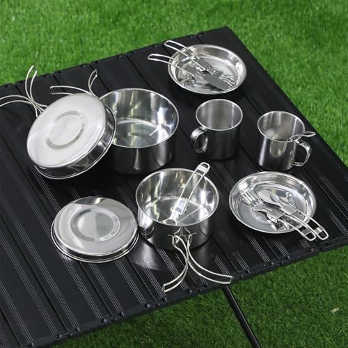 Funnymoom 14 Piece Camp Cooking Set, Stainless Steel Camping Cookware with Pot and Pan Kit 2 Set Stainless Steel Cups Plates Forks Knives Spoons for Camping, Backpacking, Outdoor Cooking and Picnic - Image 5