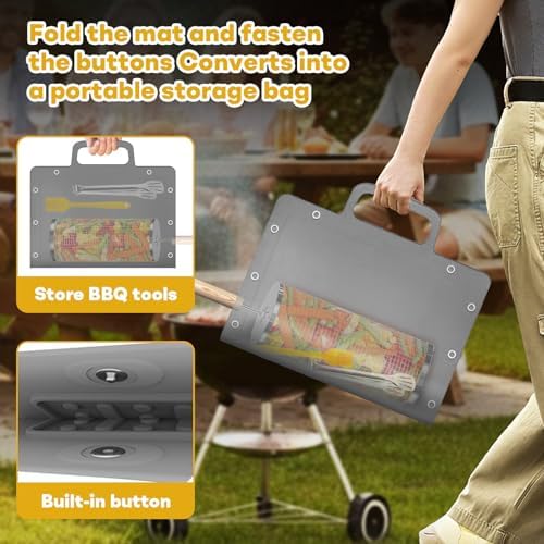 Portable Outdoor Silicone Grill Mat, Foldable Heat-Resistant Table Mat & BBQ Side Shelf Tool Pad with Snap Buttons, Converts into Storage Bag for Utensils and Food, Food-Grade, Non-Slip(Gray) - Image 3