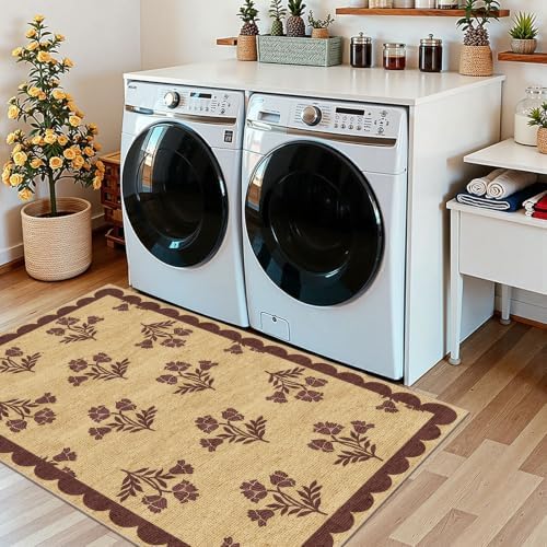 3x5 Floral Entry Rug - Small Washable Indoor Outdoor Mats for Front Door Non-Slip Jute-Look Porch Rug Boho Burgundy Scalloped Throw Rugs for Living Room Bedroom Entryway Kitchen Porch Decor - Image 5