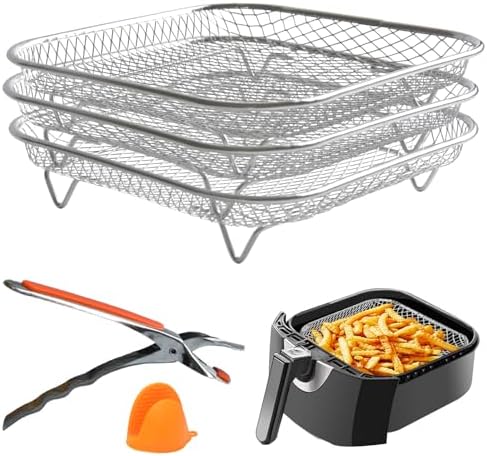 Air Fryer Rack 3pcs Stackable Set(Square), 304 Stainless Steel Mesh Baskets. Air Fryer Accessories for Cosori, Instant Vortex, Chefman Airfryer, Ninja Foodi Grill by GeolinhomeHouseholdKitchen