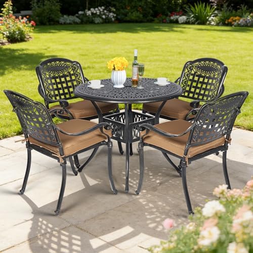 MEETWARM 5 Piece Patio Dining Set, Outdoor All-Weather Cast Aluminum Dining Table Set, Patio Furniture Set for Backyard, Include 4 Chairs with Cushions and a 35.4" Round Table with Umbrella Hole by MEETWARM